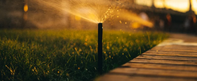 Aspersor de riego urbano funcionando al atardecer con césped verde