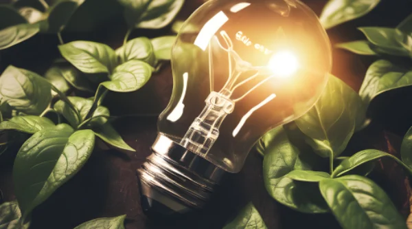 Lâmpada acesa entre folhas verdes que simboliza eficiência energética e sustentabilidade em ambientes profissionais.